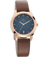 Titan Women's Watch Blue Dial Brown Leather Strap Watch, 2596WL03