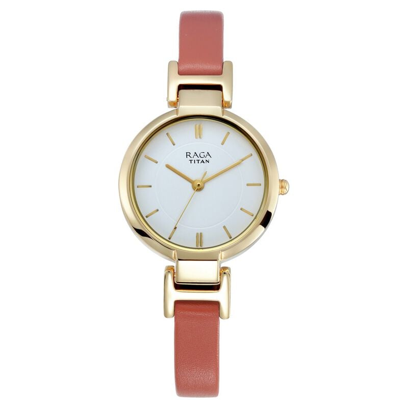 Titan Women's Watch Raga Collection Analog, White Dial Red Leather Strap, 2608YL01