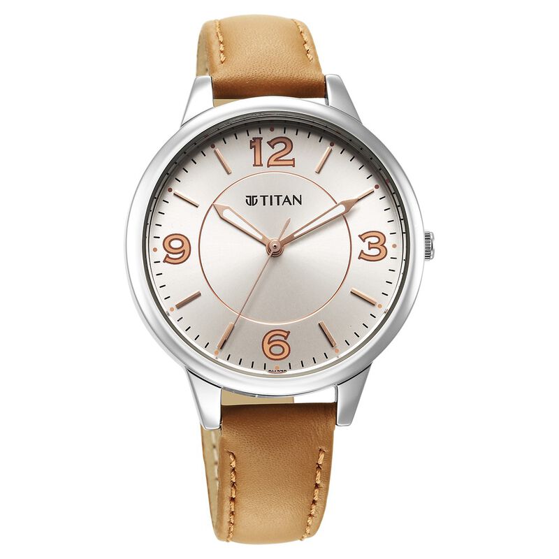 Titan Urban Analog Women's Watch, Silver White Dial Leather Strap, 2617SL07