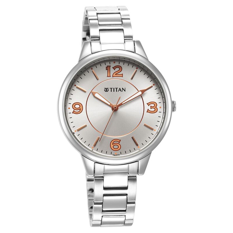 Titan Urban Analog Women's Watch, Silver White Dial Metal Strap, 2617SM07