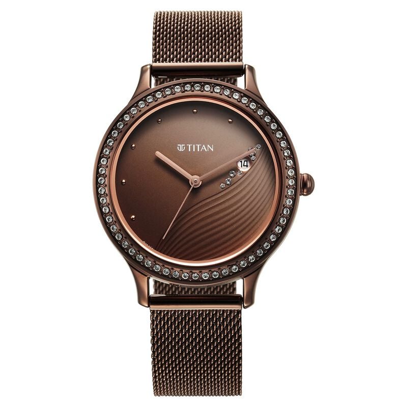 Titan Purple Glam It Up Analog with Date Watch, Brown Dial Stainless Steel Strap, 2634QM01