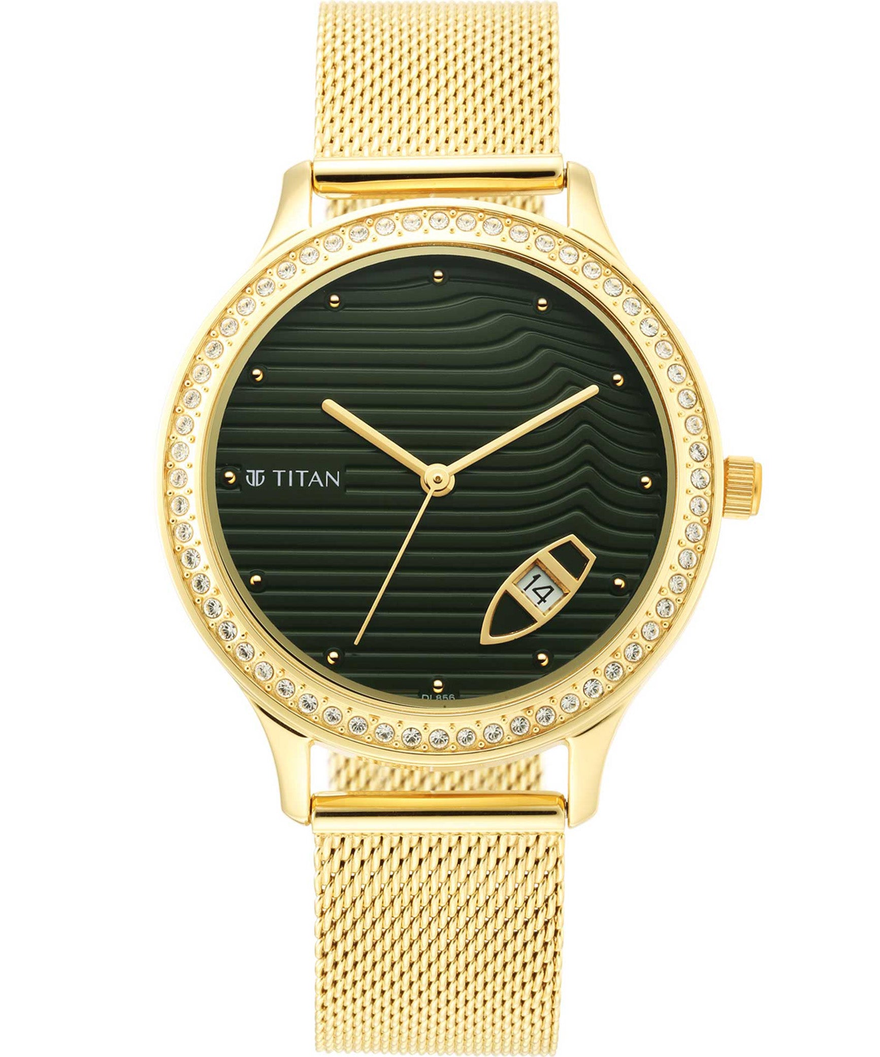 Titan Wander Women's Watch Green Dial Gold Stainless Steel Strap Watch, 2634YM01