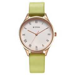 Titan Women's Watch White Dial Green Leather Strap Watch, 2649WL03