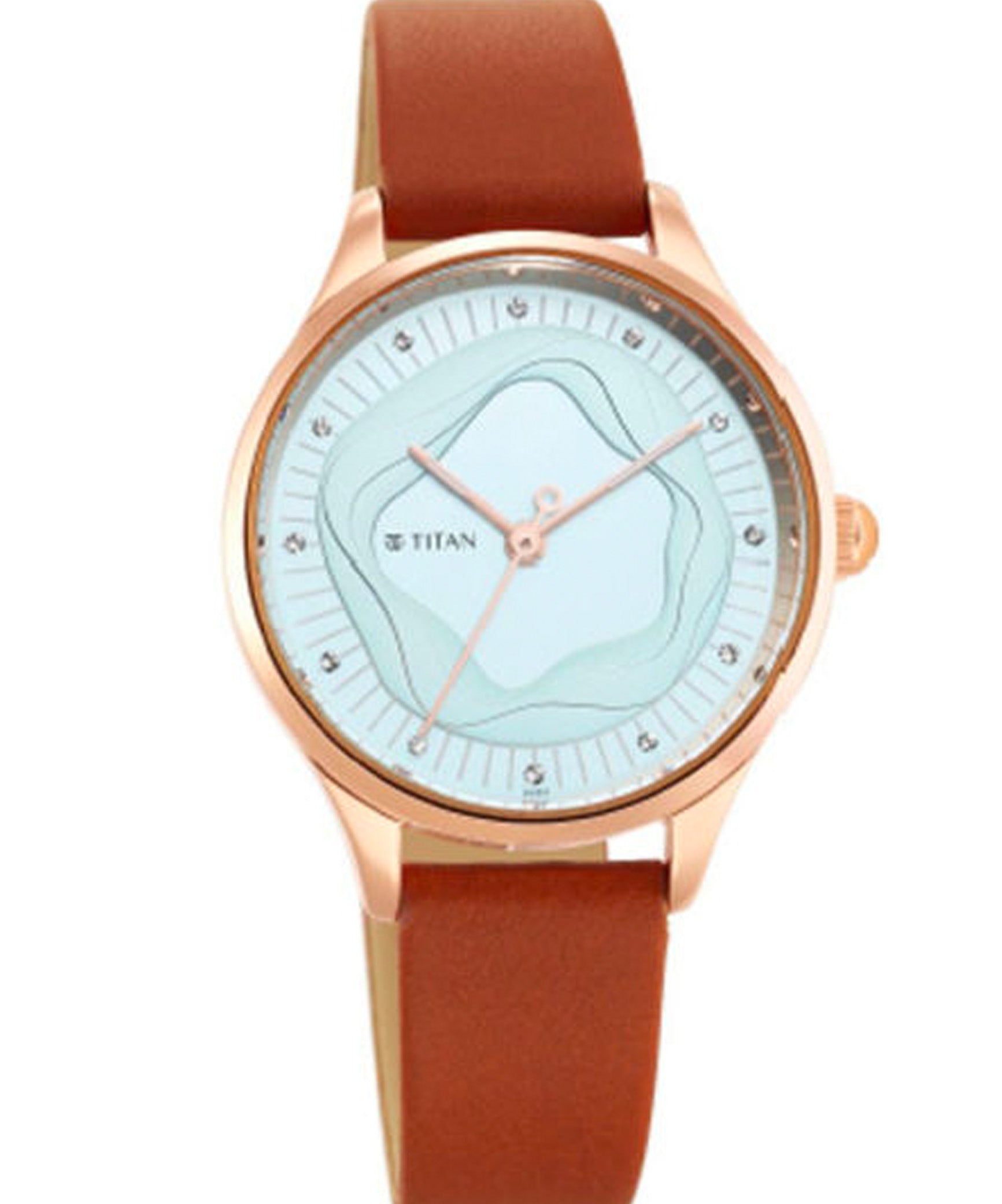 Titan Women's Watch Blue Dial Brown Leather Strap Watch, 2649WL02