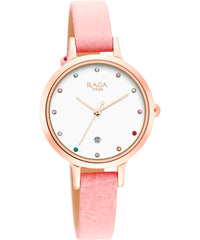 Titan Women's Watch Raga White Dial Pink Leather Strap Watch, 2666WL01