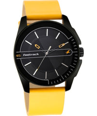 Fastrack Men's Analog Watch, Black Dial & Yellow Leather Strap, 3089NL01