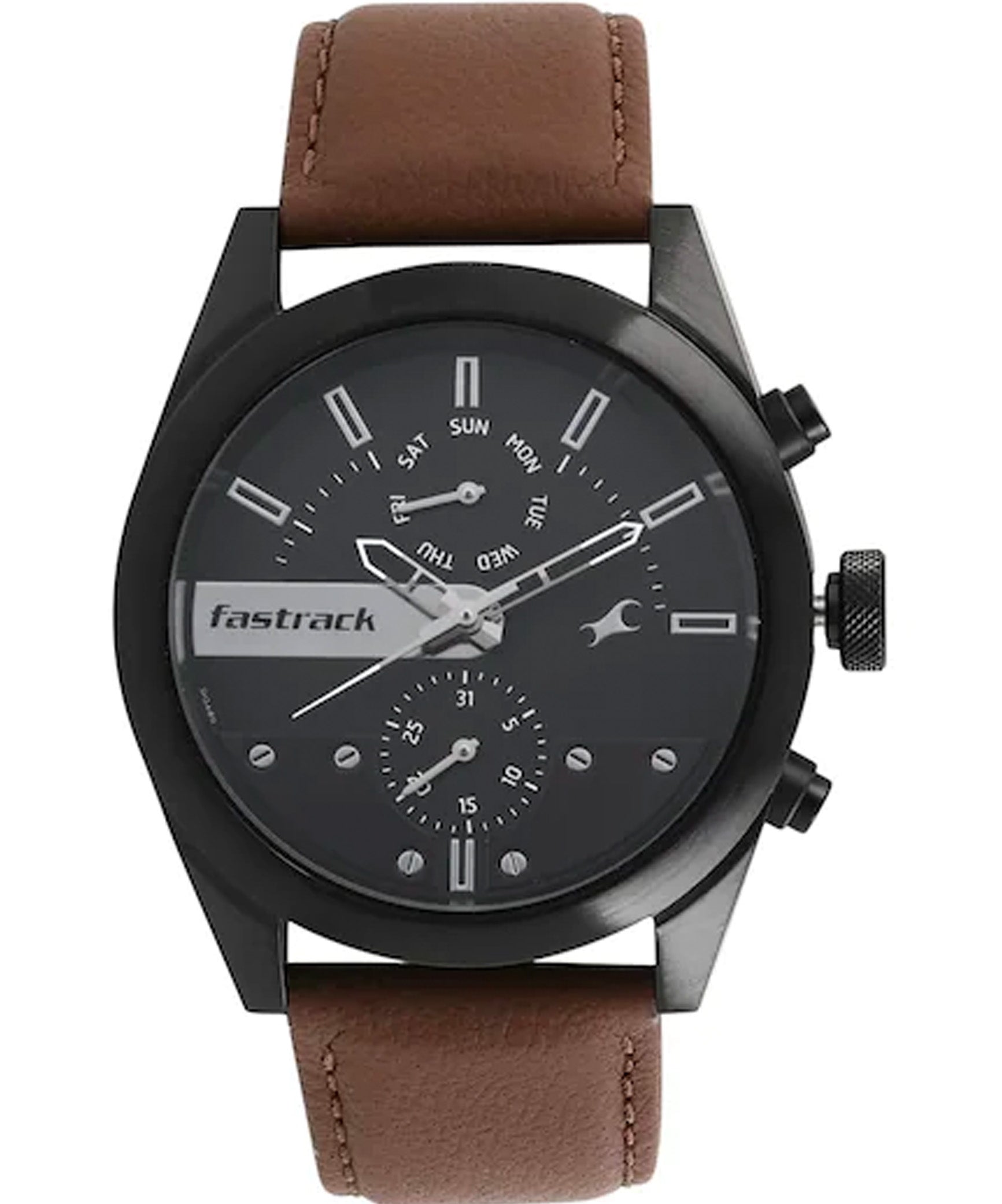 Fastrack All Nighters Quartz Multifunction Men's Watch, Black Dial Leather Strap, 3165NL01