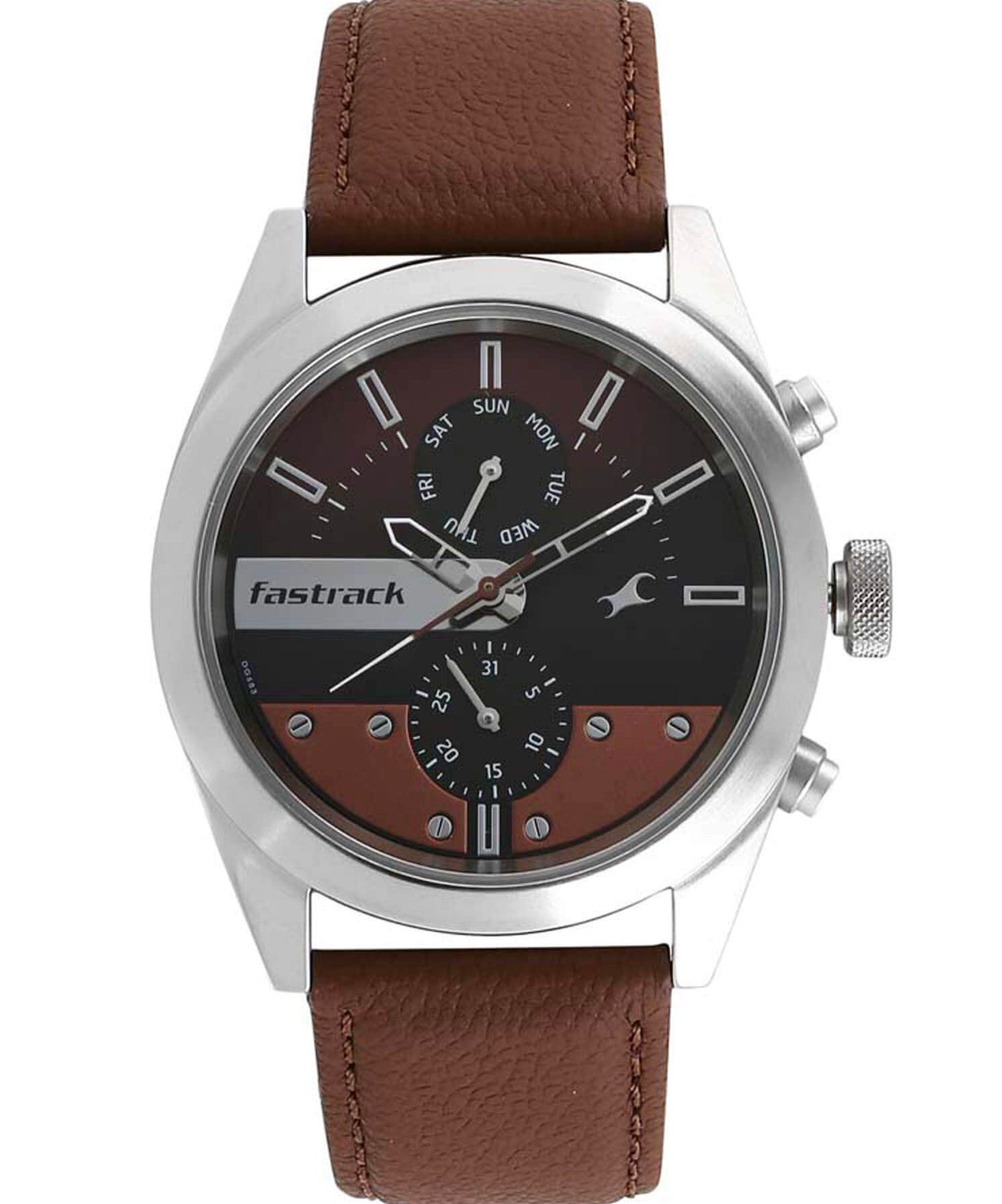 Fastrack All Nighters Quartz Men's Watch, Multifunction Brown Dial Leather Strap, 3165SL01