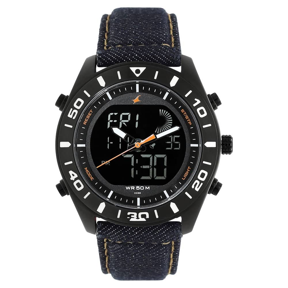 Fastrack Denim Quartz Digital Analog Digital Men's Watch, Orange Dial Denim Strap, 38034NL01