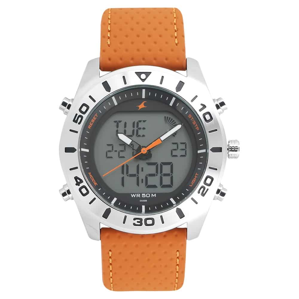 Fastrack Quartz Digital Analog Digital Men's Watch, Orange Dial Leather Strap, 38034SL01