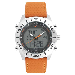 Fastrack Quartz Digital Analog Digital Men's Watch, Orange Dial Leather Strap, 38034SL01