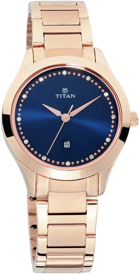 Titan Women's Watch Sparkle Collection Analog, Blue Dial Rose Gold Stainless Steel Strap, 2570WM05
