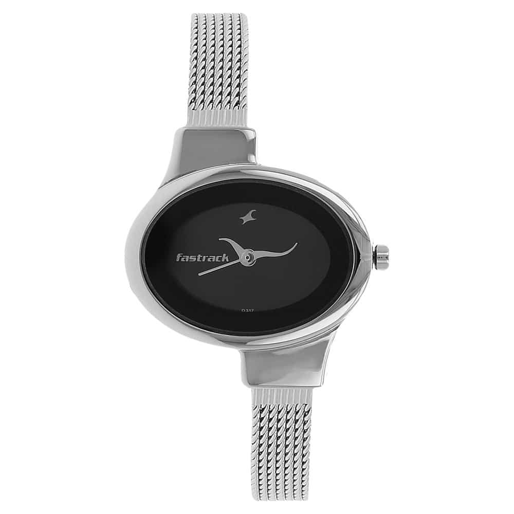 Fastrack Quartz Analog Women's Watch, Black Dial Stainless Steel Strap, 6015SM02