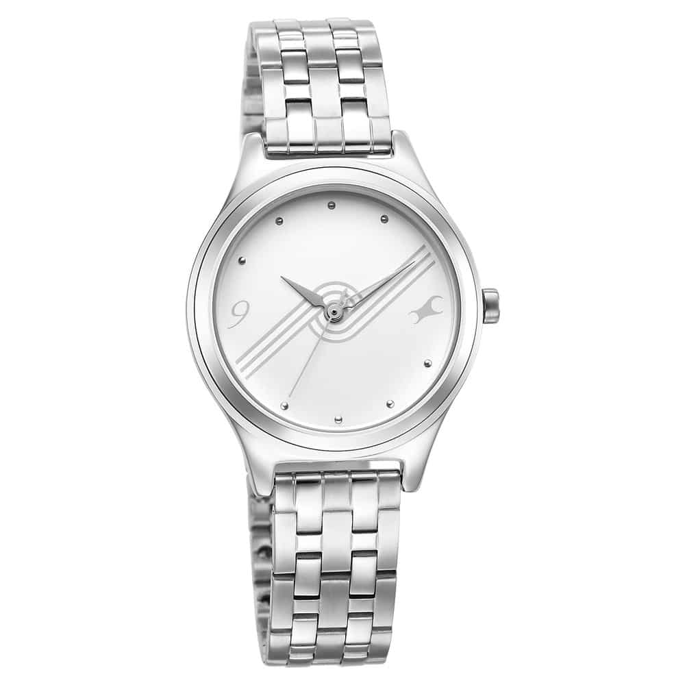 Fastrack Stunners Silver Dial White Metal Strap Watch for Women, 6152SM07,