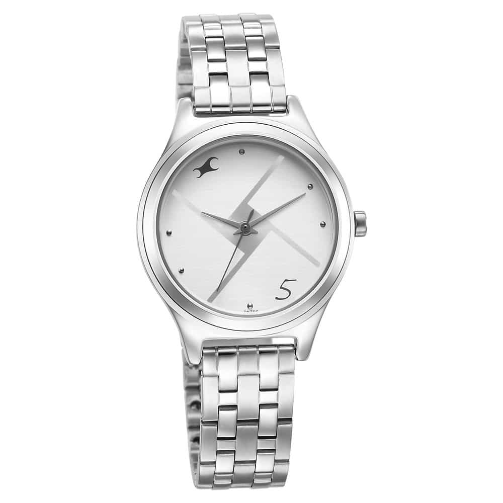 Fastrack Stunners Silver Dial Silver Metal Strap Watch for Women, 6152SM08