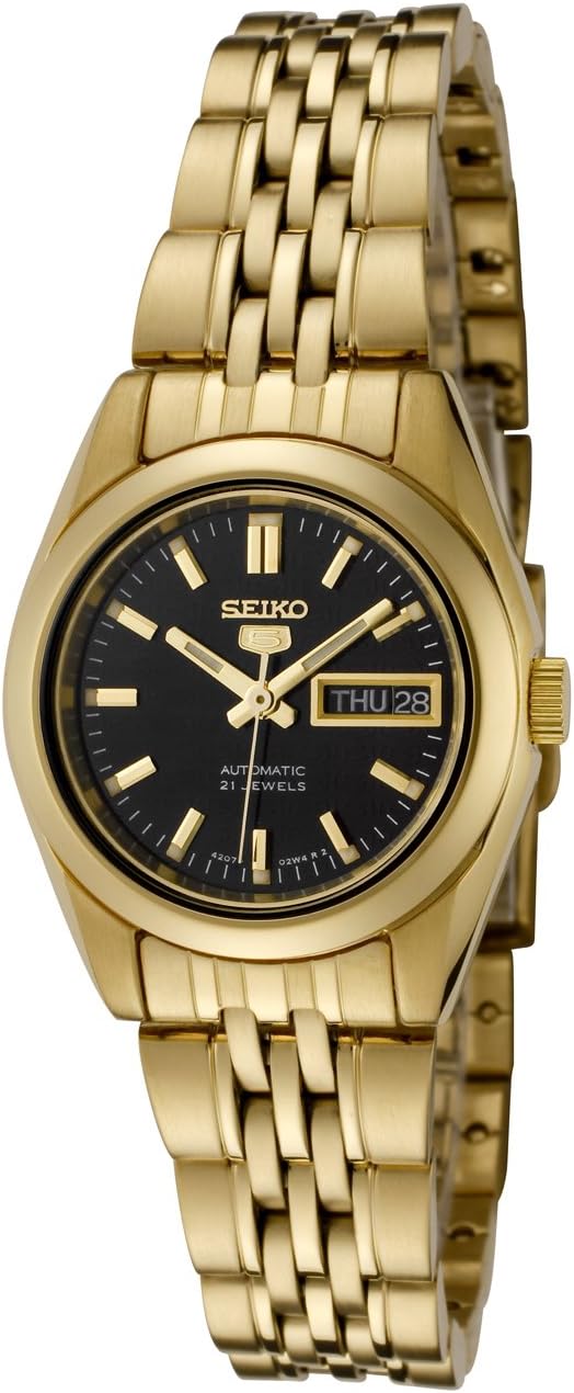 Seiko Women's Mechanical Watch Analog, Black Dial Gold Stainless Band, SYMA40K