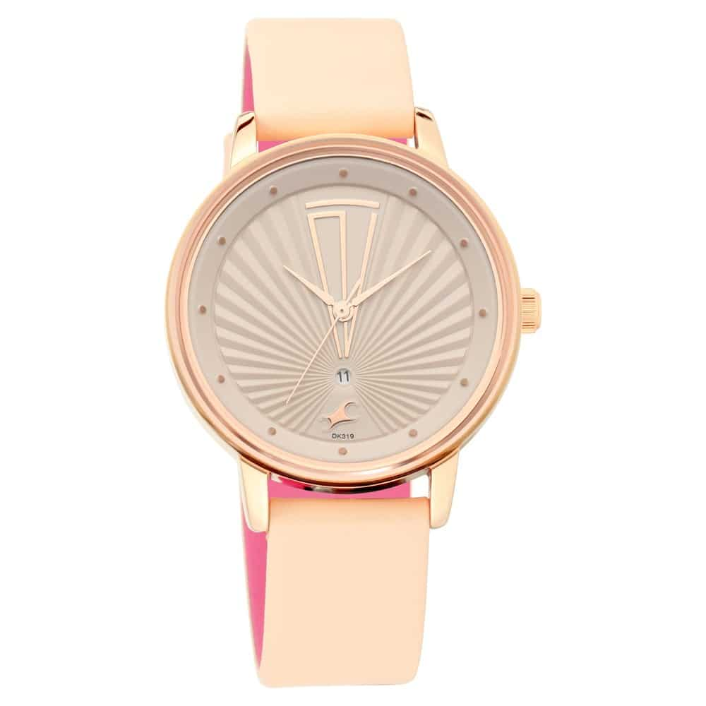 Fastrack Ruffles Quartz Analog Women's Watch With Date, Beige Dial Leather Strap, 6206WL01