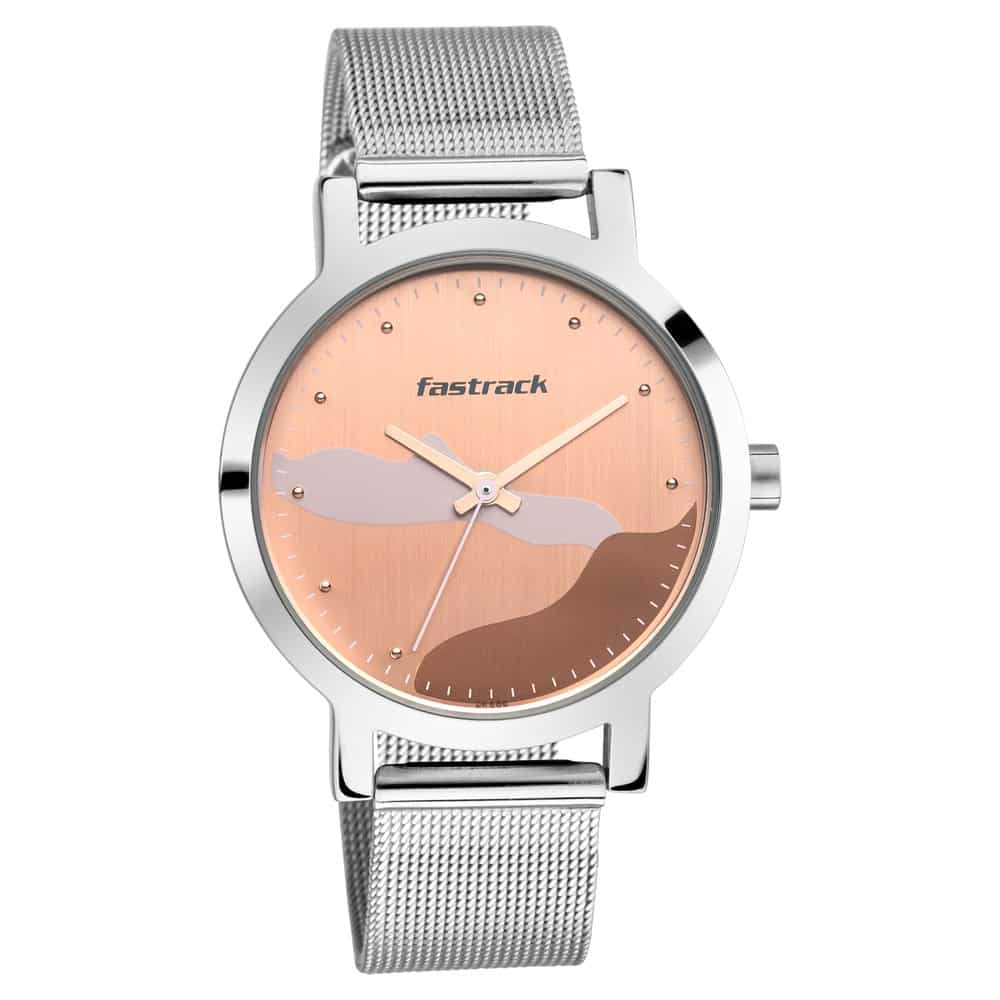 Fastrack Bare Basics Quartz Analog Women's Watch, Rose Gold Dial Stainless Steel Strap, 6222SM01