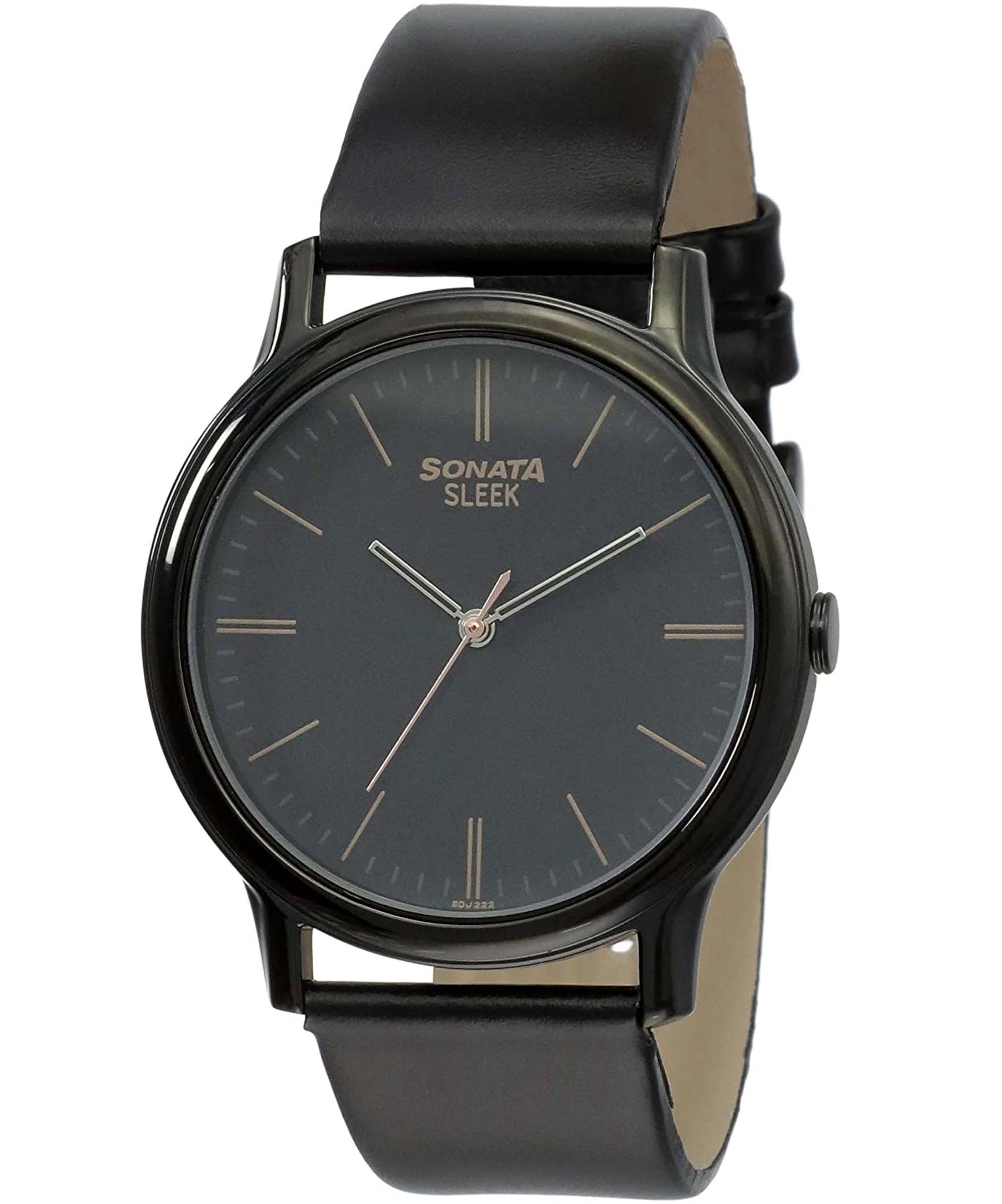 Sonata Men's  Sleek Black Dial Black Leather Strap Watch, 7128NL02