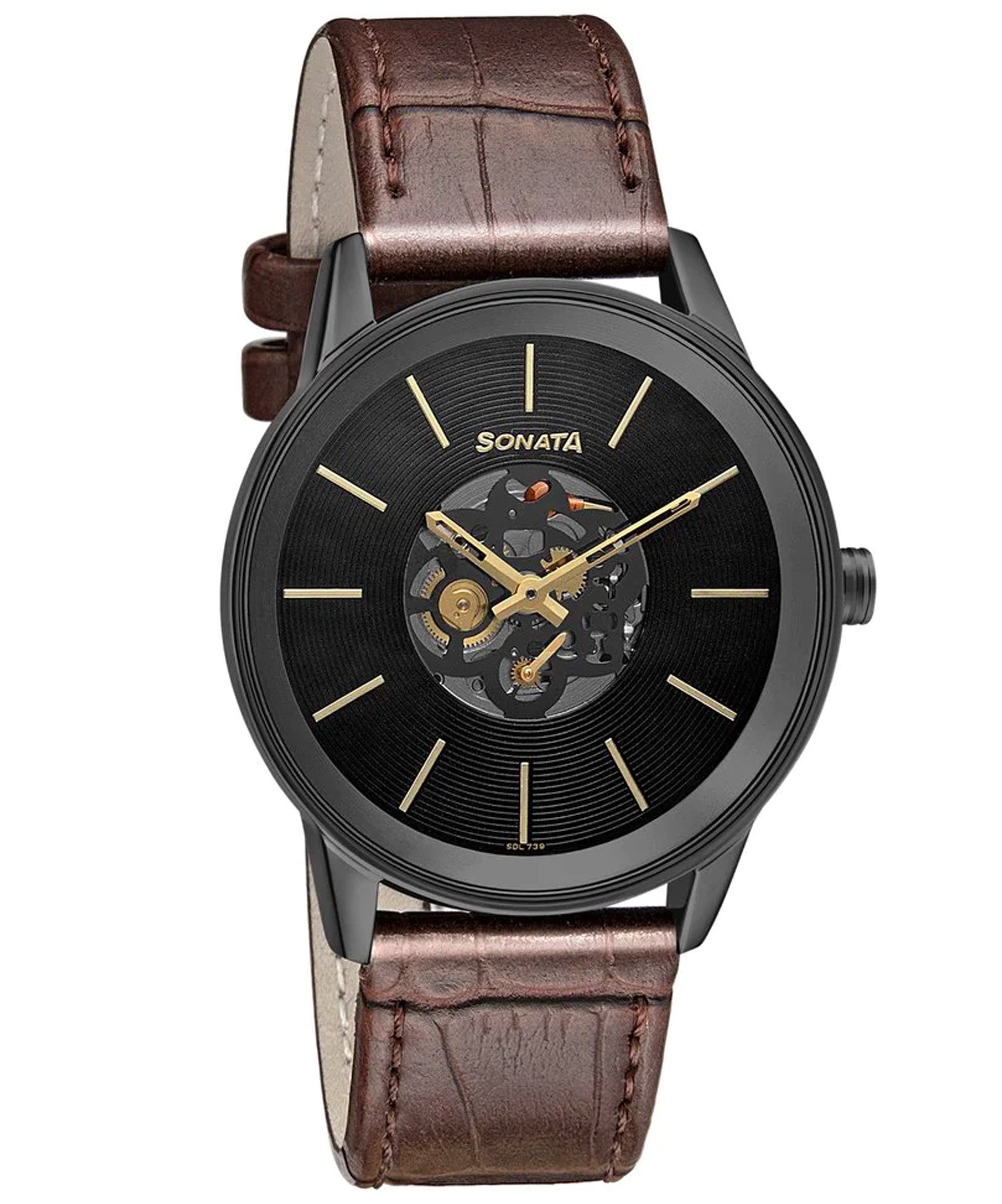 Sonata Men's Watch with Black Dial & Brown Leather Strap, 7133NL02