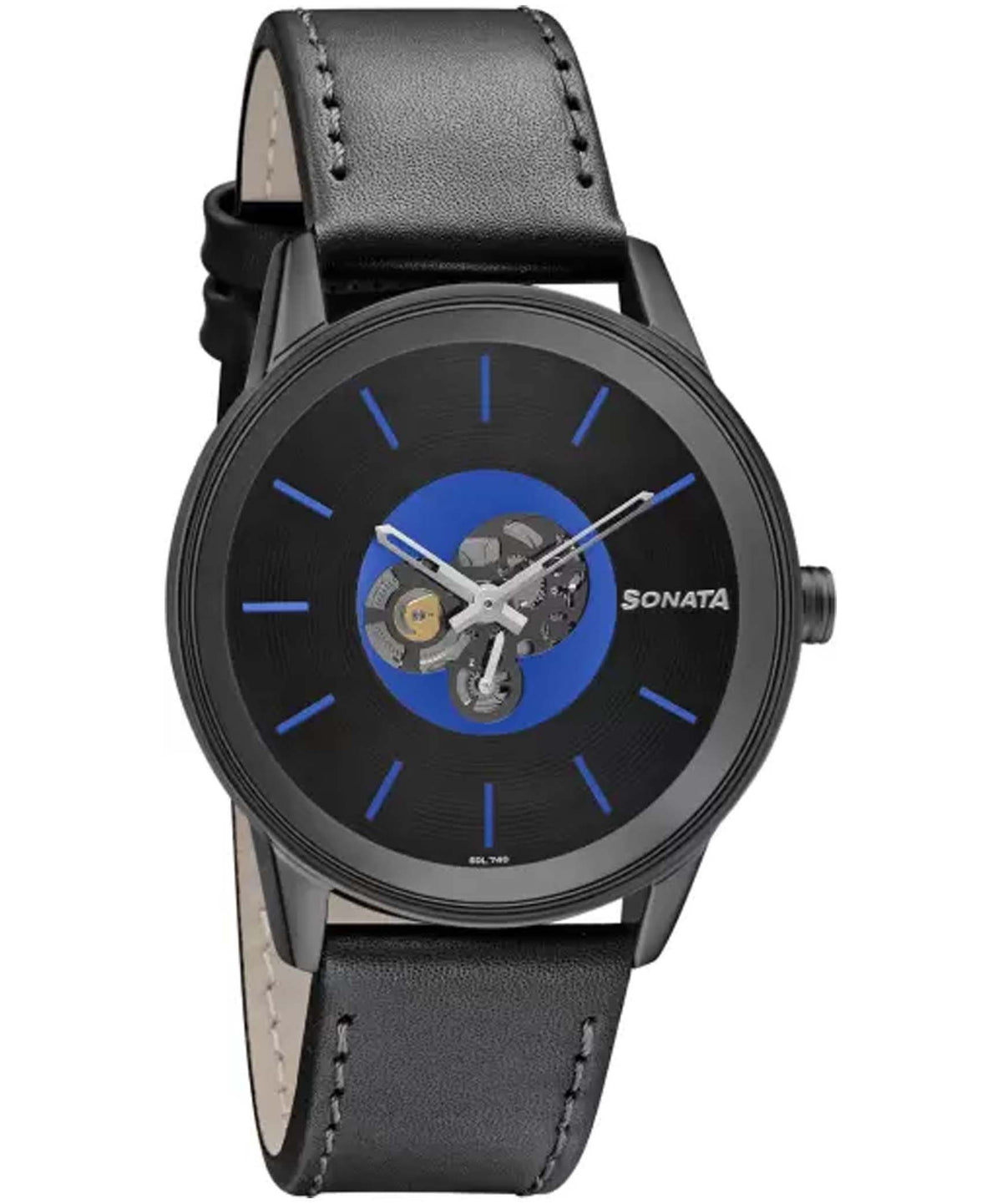 Sonata Men's Unveil Watch with Blue Dial & Black Leather Strap Watch, 7133NL03