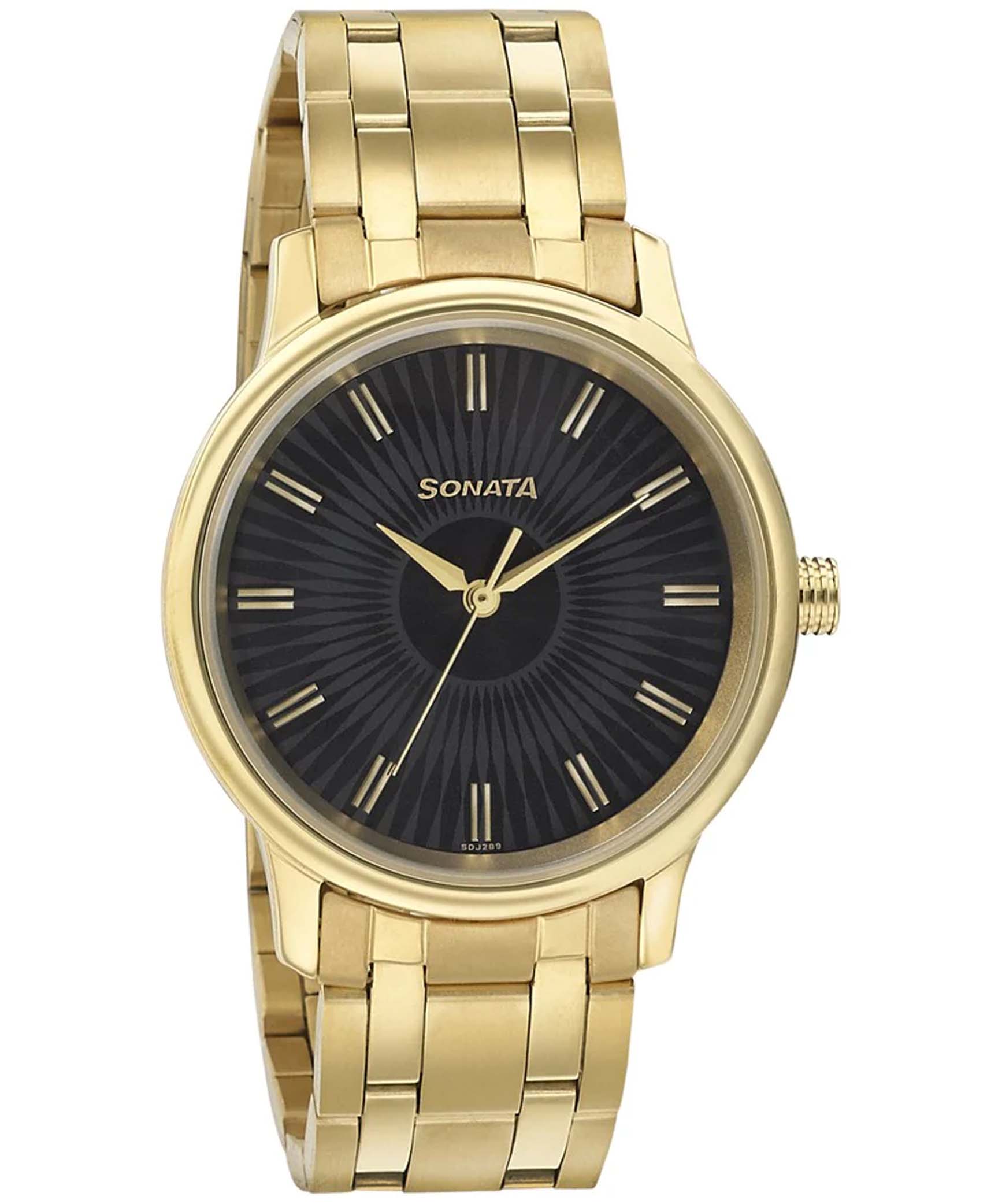 Sonata Men's Wedding Edition - Black Dial Gold Metal Strap Watch, 7134YM02