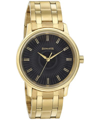 Sonata Men's Wedding Edition - Black Dial Gold Metal Strap Watch, 7134YM02