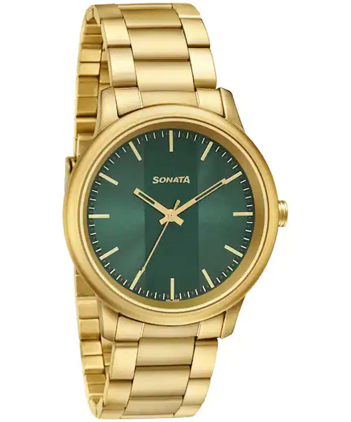 Sonata Men's Analog Green Dial Gold Metal Strap Watch,  7134YM04