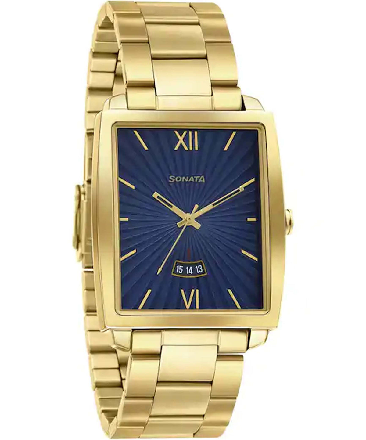 Sonata Men's Analog Blue Dial Gold Stainless Steel Strap Watch, 7143YM01