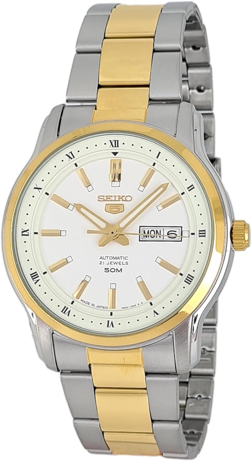 Seiko Men's Mechanical Watch Analog, White Dial Silver & Gold Stainless Band, SNKP14J