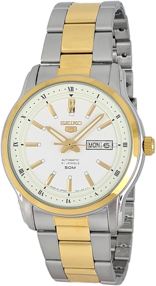 Seiko Men's Mechanical Watch Analog, White Dial Silver & Gold Stainless Band, SNKP14J authentic Seiko watch with original box and warranty papers