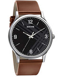 Sonata,77105SL02 Men's Smart Plaid In Black Dial Brown Leather Strap Watch