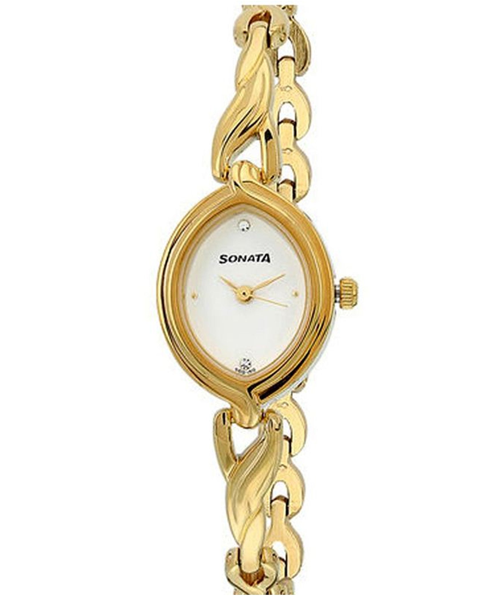 Sonata Women's White Dial Golden Metal Strap Watch, 8109YM01