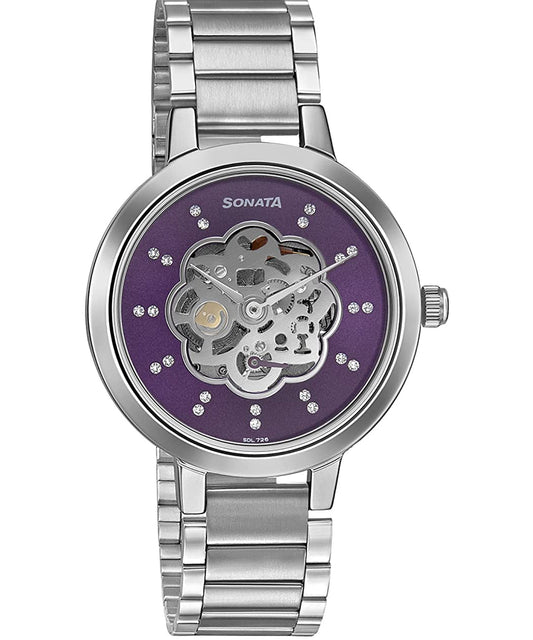 Sonata, Women, Analog, Watch, Purple Dial, Stainless steel Strap, 8141SM13