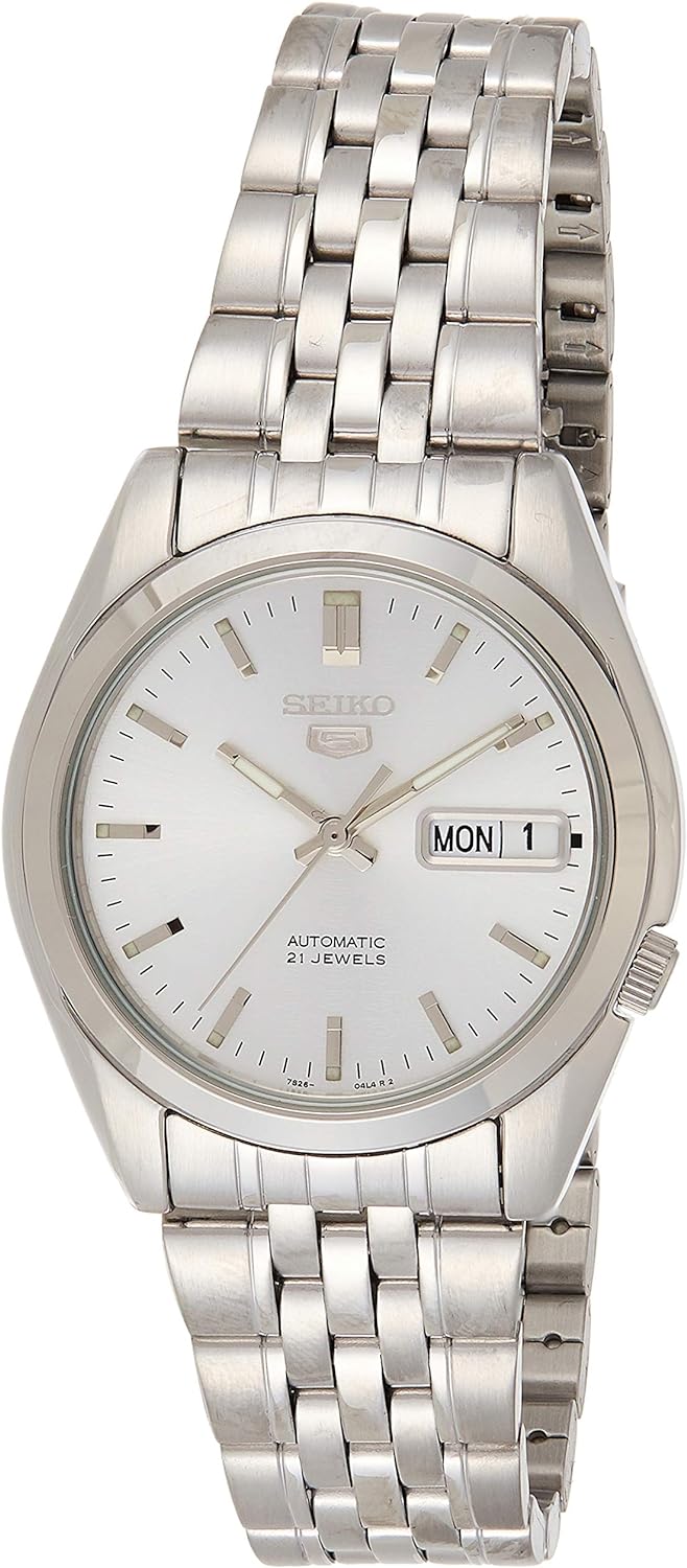 Seiko Men's Mechanical Watch Analog, Silver Dial Silver Stainless Band, SNK355K