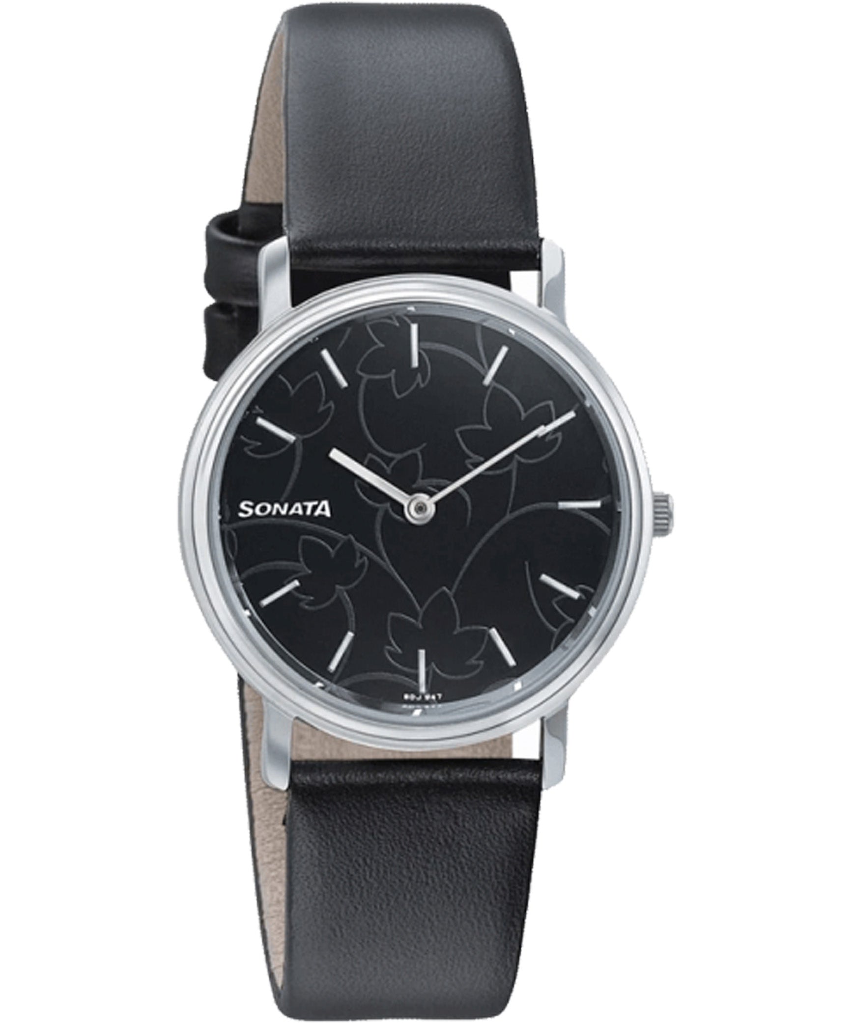 Sonata Women's Silver Lining- Black Dial Black Leather Strap Watch, 87029SL02