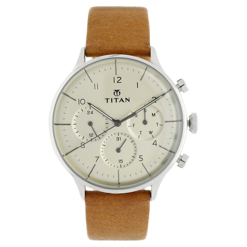 Titan Men's Watch Silver Dial Brown Leather Strap, 90102SL01