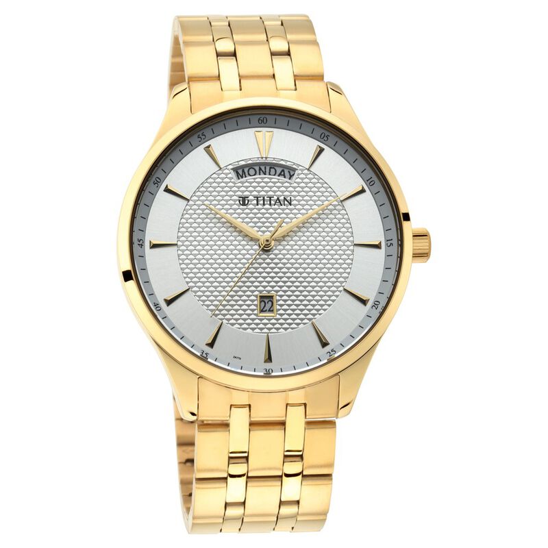 Titan Men's Watch White Dial Gold Stainless Steel Strap Watch,90127YM01