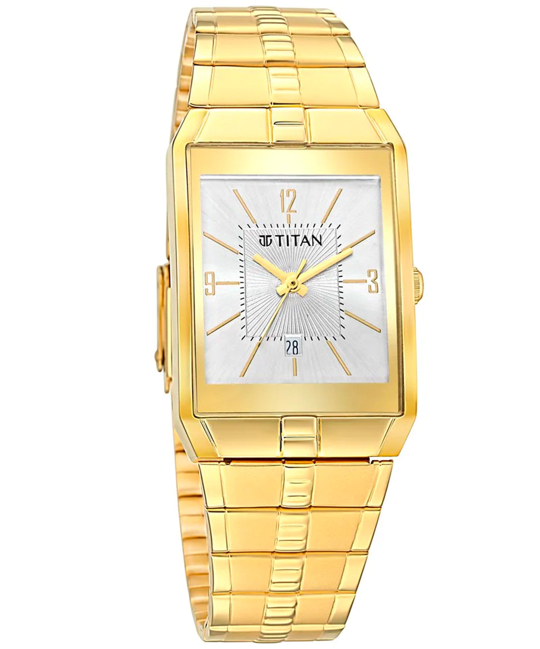 Titan Men's Watch White Dial Gold Stainless Steel Strap Watch,9151YM06