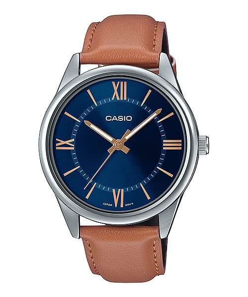 Casio Men's Watch Analog, Blue Dial Brown Leather Strap, MTP-V005L-2B5UD