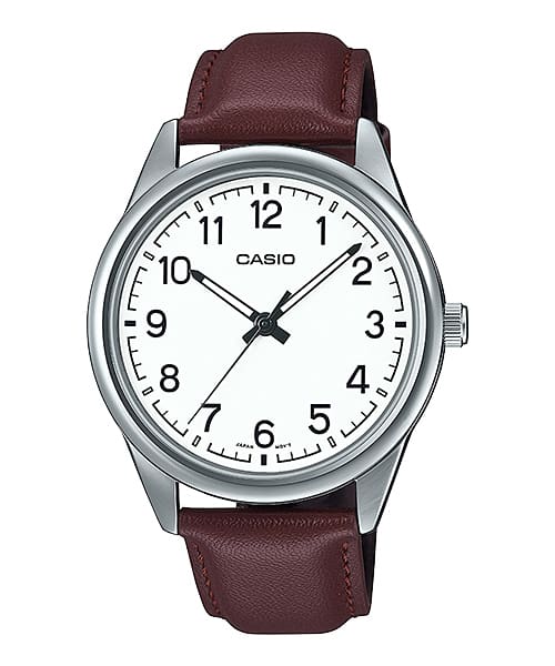 Casio Men's Watch Analog, White Dial Brown Leather Strap, MTP-V005L-7B4UD