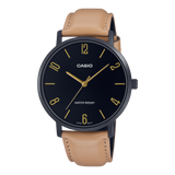 Casio Men's Watch Analog, Black Dial Brown Leather Strap, MTP-VT01BL-1BUD