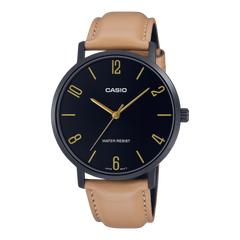 Casio Men's Watch Analog, Black Dial Brown Leather Strap, MTP-VT01BL-1BUD