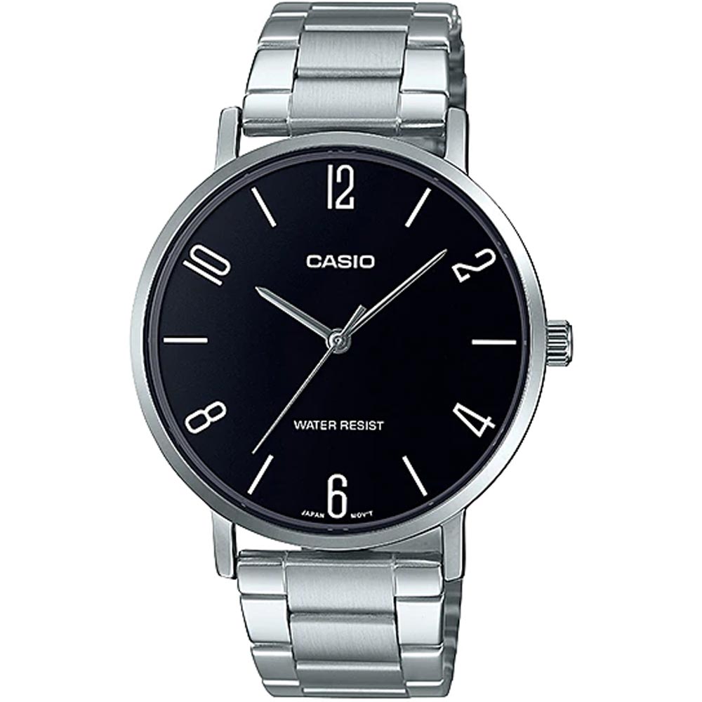 Casio Men's Watch Analog, Black Dial Silver Stainless Steel Strap, MTP-VT01D-1B2UD