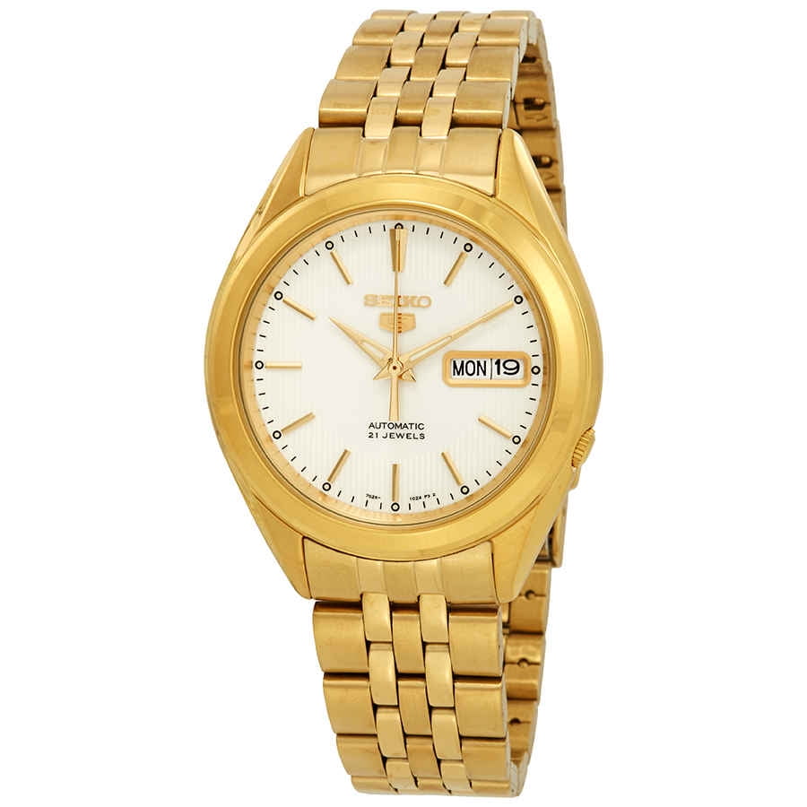 Seiko Men's Mechanical Watch Analog, White Dial Gold Stainless Band, SNKL26K