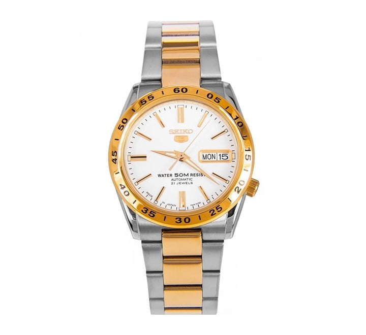 Seiko Men's Mechanical Watch Analog, White Dial Silver & Gold Stainless Band, SNKE04J