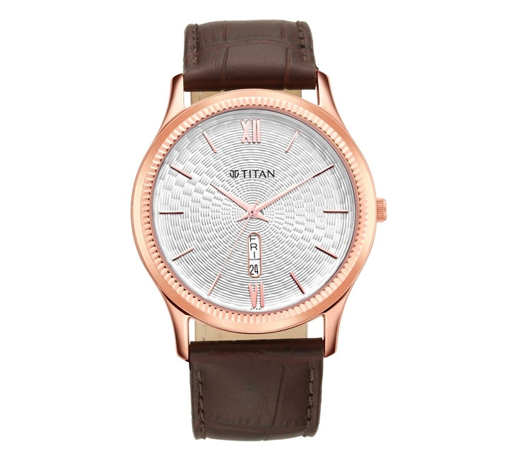 Titan Men's Watch White Dial Brown Leather Strap Watch, 1824WL02