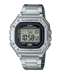 Casio Men's Watch Digital, Black Dial Silver Stainless Steel Strap, W-218HD-1AVDF