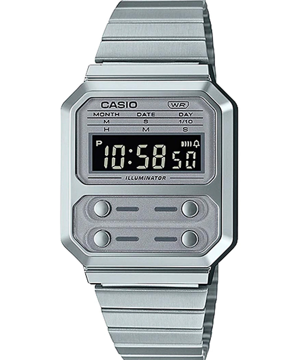 Casio Unisex Watch Vintage Collection Digital Display , Grey Stainless Steel Strap,  A100WE-7BDF