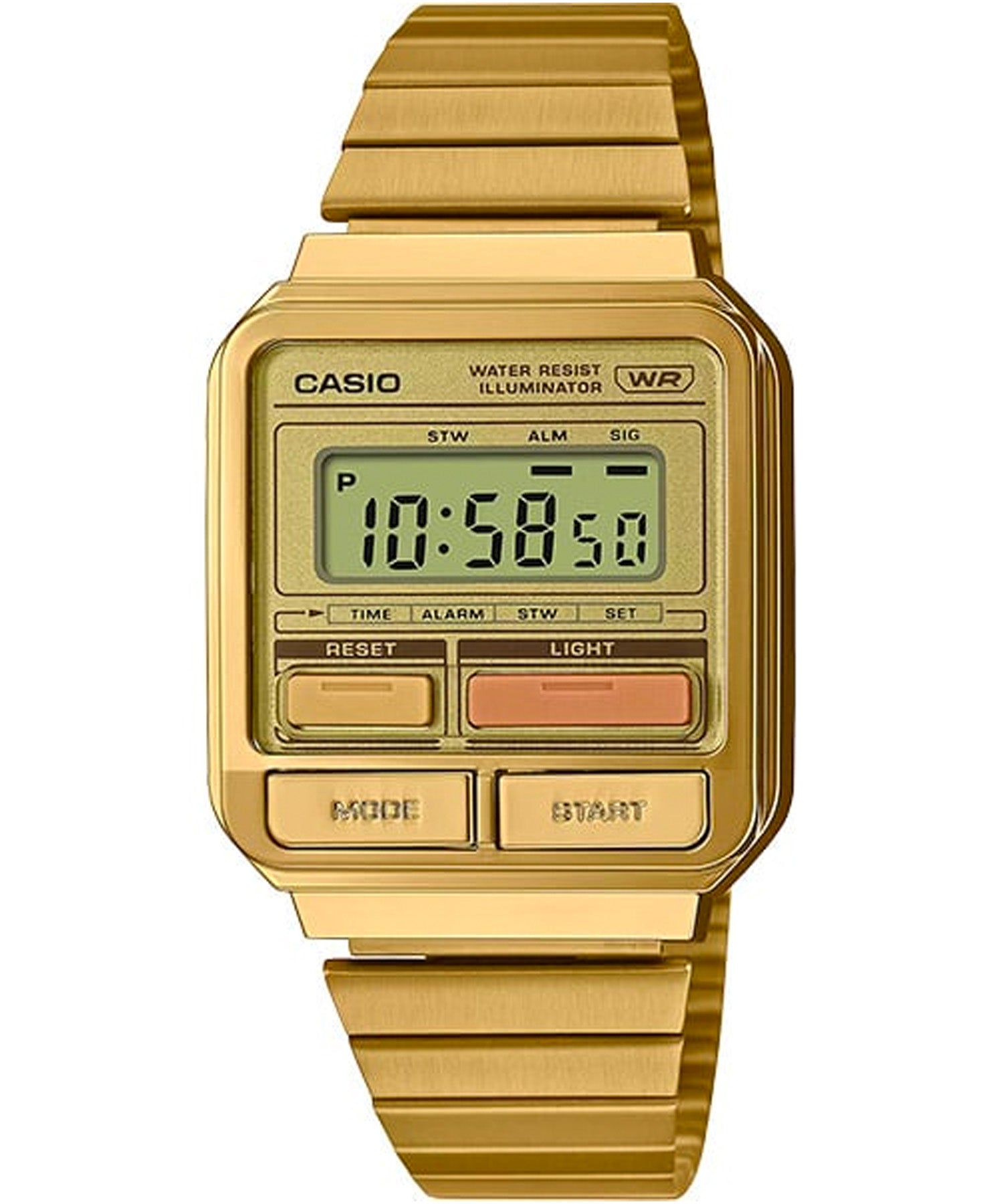 Casio Unisex Watch Retro Digital, Gold Dial Gold Stainless Steel Strap, A120WEG-9ADF